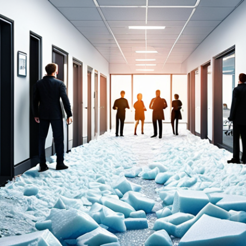 Home 16 A professional navigating a bustling modern office or a social gathering, initially looking slightly hesitant. The scene then transitions to show them confidently engaging with another person, a visual metaphor of 'ice' breaking, with warm light and open pathways emerging between them. The overall mood shifts from cool uncertainty to a vibrant, connected atmosphere, reflecting the magic of effective ice-breaking.