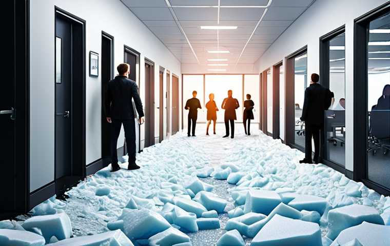 A professional navigating a bustling modern office or a social gathering, initially looking slightly hesitant. The scene then transitions to show them confidently engaging with another person, a visual metaphor of 'ice' breaking, with warm light and open pathways emerging between them. The overall mood shifts from cool uncertainty to a vibrant, connected atmosphere, reflecting the magic of effective ice-breaking.