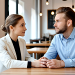 A professional man and woman, both in modest business attire, are seated across from each other at a sleek, minimalist wooden table in a bright, modern cafe. The woman is attentively listening to the man, maintaining focused eye contact, with a slight, empathetic nod. The man is speaking with an open, natural pose, expressing himself comfortably. The background is softly blurred with subtle cafe elements, conveying a serene atmosphere. The scene captures deep connection and understanding through active listening. safe for work, appropriate content, fully clothed, professional, perfect anatomy, correct proportions, natural body proportions, well-formed hands, proper finger count, natural pose, high quality photography, professional lighting.