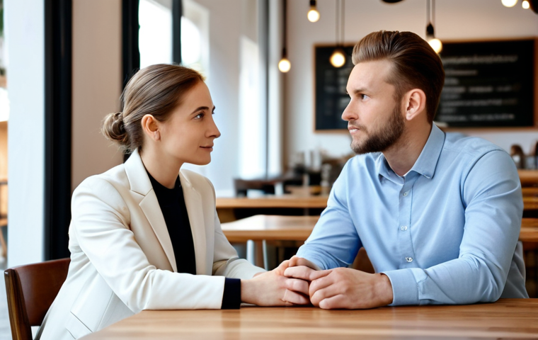 A professional man and woman, both in modest business attire, are seated across from each other at a sleek, minimalist wooden table in a bright, modern cafe. The woman is attentively listening to the man, maintaining focused eye contact, with a slight, empathetic nod. The man is speaking with an open, natural pose, expressing himself comfortably. The background is softly blurred with subtle cafe elements, conveying a serene atmosphere. The scene captures deep connection and understanding through active listening. safe for work, appropriate content, fully clothed, professional, perfect anatomy, correct proportions, natural body proportions, well-formed hands, proper finger count, natural pose, high quality photography, professional lighting.